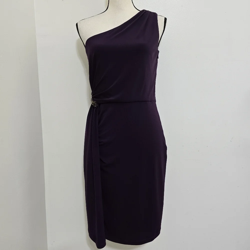 CALVIN KLEIN size 6 Stretch‎ Zip Ruched One Shoulder Embellished Dress Purple